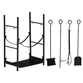Outsunny 2-Tier Firewood Rack 18 with Shovel Broom Poker Tongs Hooks for Outdoor Indoor Fireplaces Black